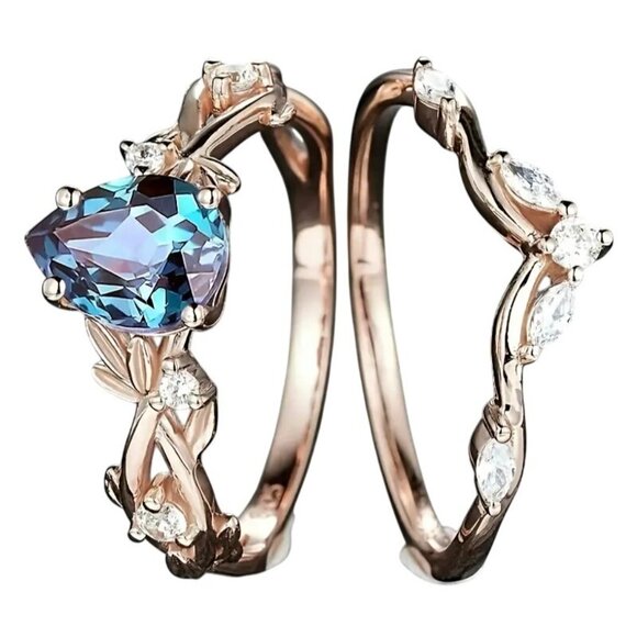 Pear Shape Alexandrite 2 piece Bridal Set engagement set in rose gold - Picture 2 of 8